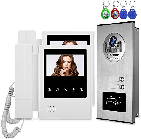 HFeng - Cámara RFID de 4,3 Pulgadas, intercomunicador de vídeo Color + 2 monitores para 2 Apartamentos/familias, 700TVL, desbloqueo de Llaves RFID, visión Nocturna