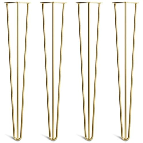 Desk & Dining Hairpin Legs, 71cm, Gold | Set of 4; 3 rod Heavy Duty 12mm; solid steel; thick 4mm base plates; screws, feet and build guide included