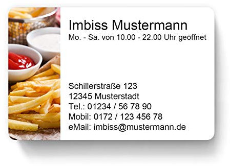100 Visitenkarten, laminiert, 85 x 55 mm, inkl. Kartenspender - Imbiss Restaurant Fritten Pommes