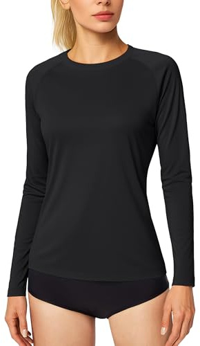 MAGCOMSEN Damen Langarmshirt UV Sonnenschutz T-Shirt Leicht Surfen Rashguard Damen Basic Trainingsshirt UPF 50+ Schnell Trockend Outdoorshirt mit Rund Ausschnitt Schwarz L