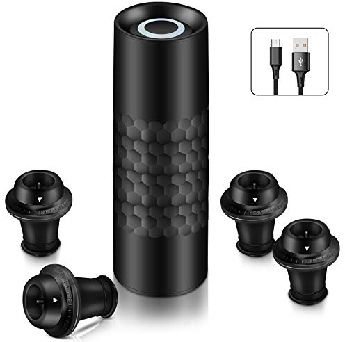 Winirina Automatic Wine Saver Pump Set for Red Wine with 4 Reusable Vacuum Bottle Sealer Stoppers USB Type-C Charging - Black