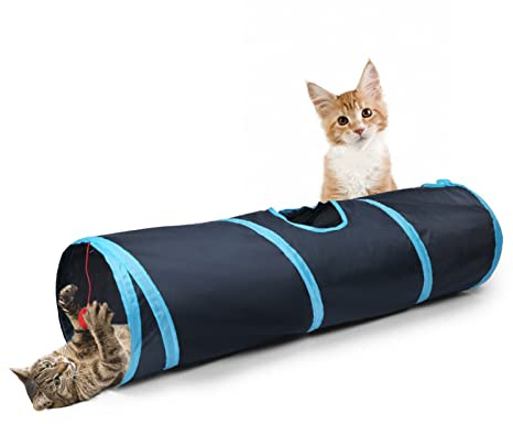 Sheldamy Cat Tunnel, 2-Way Collapsible Play Tunnel, Interactive Toy Maze for Small Animals, Suitable for Kittens, Puppies, Rabbits, Ferrets, Blue & Black