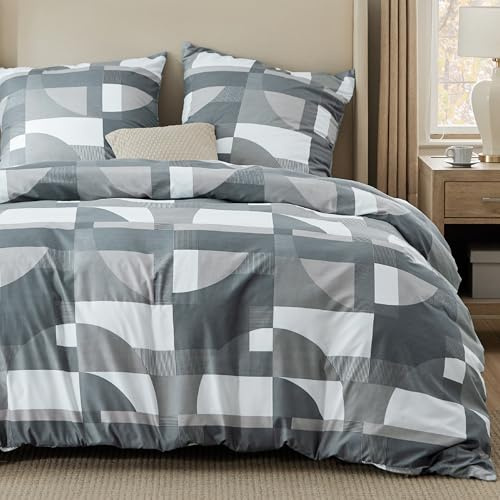 BEDSURE Bettwäsche 200x220 3teilig - Grau Geometrie, 2x80x80 Kissen