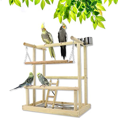 Holzsammlung Percha para Loros de Madera, Portátil Aves Juego Stand Parque Infantil Gimnasio Juego Juguetes Ejercicio Plataforma de Formación Corralito para Pájaros Trepador para Pequeños Periquitos