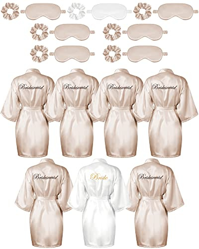 Jecery 7 Stück Brautjungfer Robe Sets Braut Seide Satin Roben Braut Party Roben mit Schlaf-Augenmaske und elastischem Stirnband Sets