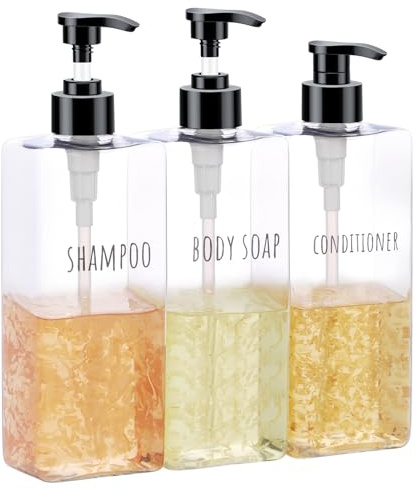 Segbeauty Transparenter Seifenspender, 500 ml 3er Set Pumpflasche mit Wasserdichtes Etiketten, Kunststoff Leerflaschen für Shampoo Conditioner Body Soap, Minimalistisches Design Reiseflaschen Set