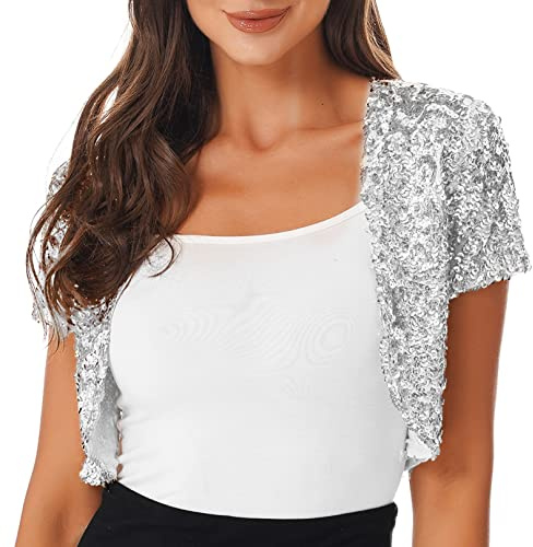 Agoky Women's Glitter Sequin Short Sleeve Shawl Coat Open Front Bolero Shrugs Jacket Cardigan Silver One Size