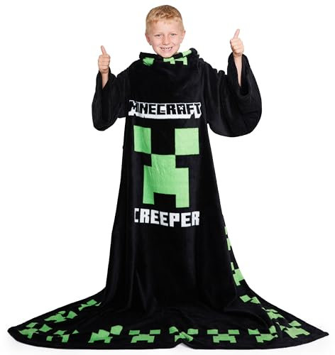 Minecraft Wearable Blanket for Kids and Teenagers - One Size Kids Blanket with Sleeves Cosy Lounge Wear Gifts for Boys (Black)