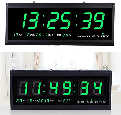 SABUIDDS Led Digitale Wanduhr Uhr Seniorenuhr mit Kalenderuhr Temperaturanzeige Große LED-Anzeige fürKüche Büro Zimmer, EU Stecker (Grün)