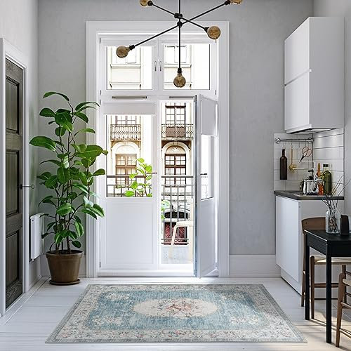 TALETA Küchenläufer waschbar rutschfest, bunter Teppichläufer Flur, Küchenteppich, Vintage Bettvorleger, Teppich Läufer Flur, Küchen, Eingang, Teppich blau, 80 x 150 cm