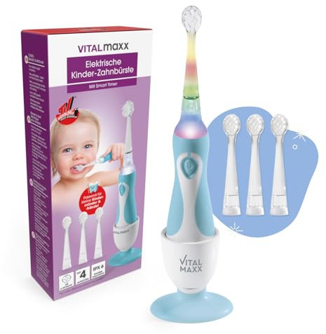 VITALmaxx Elektrische Zahnbürste für Babies & Kinder | Extra sanft mit weichen Borsten ab 6 Monate inkl. 3 Ersatzbürsten | Mit LED-Licht und Timer | Kindgerechte Zahnpflege | Blau