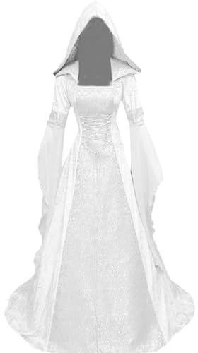 Disfraz de Halloween para mujer, estilo medieval, renacentista, con capucha, vestido gótico, carnaval victoriano, vestido de cosplay, color blanco, 2XL