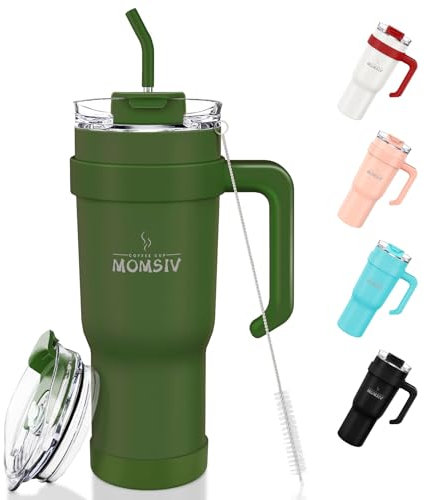 MOMSIV Gobelet isotherme de 1100 ml avec paille et poignée, tasse à café de 1100 ml, double paroi en acier inoxydable, anti-fuite, gobelet de voiture, avec couvercle, pour boissons froides et chaudes