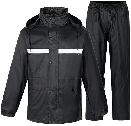 Combinaison de Pluie Unisexe avec Capuche Amovible Veste et Pantalon de Travail Imperméable Réfléchissant pour Hommes et Femmes (FR/ES, Alpha/lettres, L, Taille normale, Taille normale, Noir)