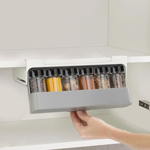 GHADA Unter-Regal Gewürzregal, 6 Dosen, ausziehbar, Montage ohne Bohren, für Regale bis 1,8 cm, 32×13,5×9,5 cm, Gewürz-Organizer für Schrank & Küche, Grau/Weiß