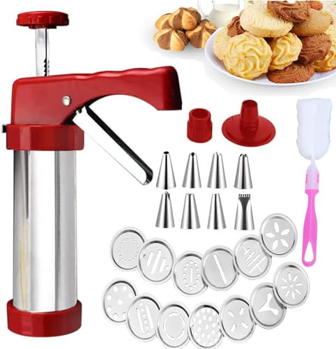 Theaque Kekspresse, klassische Edelstahl-Spritzpresse zum Backen, Plätzchenpresse, mit 13 dekorativen Schablonenscheiben und 8 Spritztüllen, Deluxe-Keksbereiter