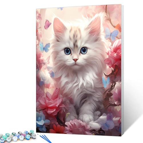 Malen-nach-Zahlen-Set mit niedlichem Kätzchen im Blumenstrauch, für Erwachsene und Anfänger, schöne Katze, rosa Malerei, Kunst, Malen nach Zahlen auf Leinwand, einfach zu malen für Anfänger,