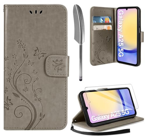 AROYI Lederhülle Kompatibel mit Samsung Galaxy A25 5G Hülle und Schutzfolie,Wallet Handyhülle Leder Tasche Kartensteckplätzen Schutzhülle Kompatibel mit Samsung Galaxy A25 5G Grau