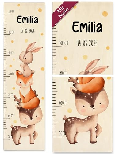 Messlatte Kind Holz - Tiere - Wildtiere mit Name und Geburtsdatum Kindermesslatte Hase I Fuchs I Reh I Tierische Waldfreunde - 50-110 cm - Holz - kinder 160 tier waldtiere meterstab größe