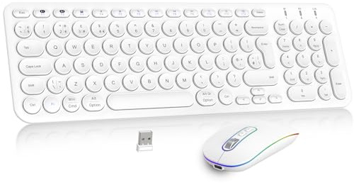Rechargeable Bluetooth & Wireless Keyboard Mouse, PINKCAT Ultra Thin USB Keyboard Quiet Mouse Set, Ergonomic QWERTY UK Layout Computer Keyboard for Windows PC Laptop Desktop - White