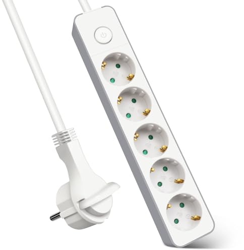 EXTRASTAR Flachstecker Steckdosenleiste 5 Fach mit Druckknopfschalter | Mehrfachsteckdose Flacher Stecker mit 5m Kabel & Kindersicherung 3G1.5mm² für Büro und Zuhause, Weiß + Grau