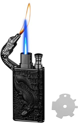 CYJBAO Jet Lighter - Dual Flame (Jet & Soft) Stylish Embossed Craft, with Adjusting Flame Tool, Windproof Refillable Butane Lighter, for Men & Women(Without Butane)-Black