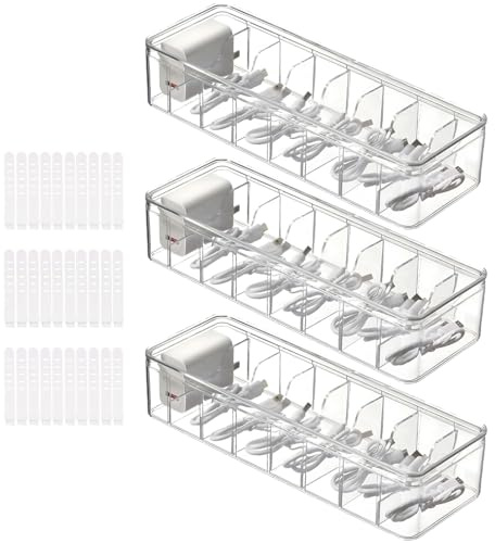 LOPYXBR 3 Stück Kabel Organizer Box Transparent Kabel Aufbewahrungsbox mit 8 Abziehbare Fächer und 30 Kabelbindern Kabelmanagement Box für die Schreibtischaufbewahrung Kabel organisieren