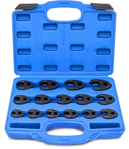 Kaxtde 15 Pieces 3/8’’ 1/2’’ Drive Crowfoot Wrench Set, 8-24 mm | Metric Crows Foot Spanner Kit, Ratchet Flare Nut Wrench Tools for Removal, Chrome-Moly Steel