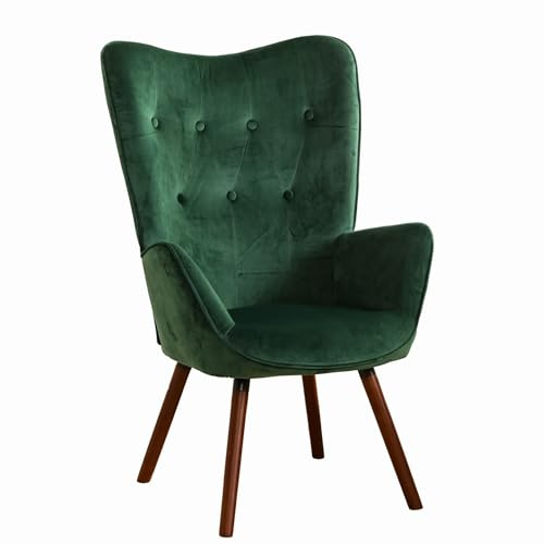39F FURNITURE DREAM Skandinavischer Retro-Sessel für Wohnzimmer, Esszimmer, Büro, mit Samtbezug, gepolsterte Armlehnen und Beine aus Massivholz, Grün, 68 x 73 x 106 cm