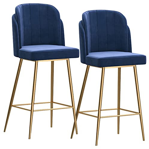 Moderne Barhocker aus Samt, 2er-Set, mit Rückenlehne und Fußstütze, blau-goldene Beine, stilvolle Barstühle für Bar, Kaffee, Küche, Wohnzimmer, bequeme Sitzmöglichkeit für Ihr Zuhause