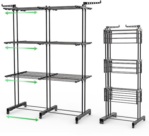VOUNOT® Wäscheständer Turm Ausziehbar, Platzsparender Turmwäscheständer für Innen & Außen, mit Faltbaren Flügeln, Teleskopstange und 6 Rollen, 40m Trockenlänge, 3 Ebenen, Schwarz