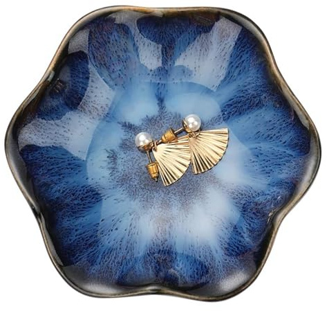 CavspkArt Ceramic Jewelry Dish, Decorative trinket Tray, Small Ring dish, Trinket Key tray, Jewelry Plate, Key Bowl, Ceramic trinket dish Gift for Women and Girls (Dark Blue)