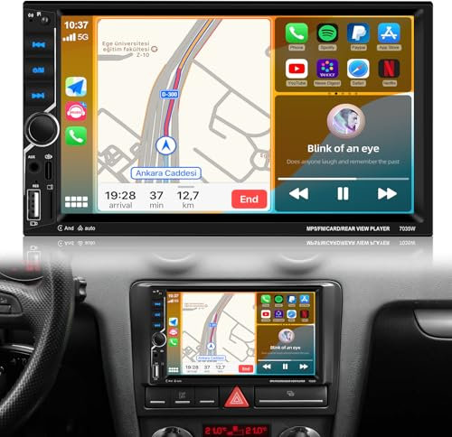 NHOPEEW 2 DIN Autoradio mit CarPlay und Android Auto – 7-Zoll-Touchscreen-Radio – Mirror Link, FM, Lenkradsteuerung, USB, AUX + AHD Rückfahrkamera