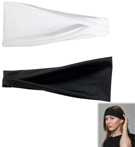 Azlanway Damen Stirnband 2er Set, Elastisches & Weiches Haarband für Frauen in Schwarz & Weiß, Breiter Flexibler Haarreifen für Yoga, Sport, Alltag & Mode – Rutschfestes Kopfband