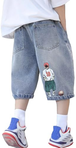 Short en Jean pour garçon Cargo Baggy Pantalon de Sport Court Bermuda décontracté avec Poches Cool Shorts Garçons Ado Garcon 4-14 Ans