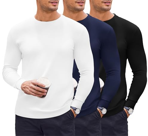 Ekouaer 3 Pack Thermal Vests for Men Long Sleeve Tops Crew Neck T-Shirt | soft microfleece base layer, stretchy warm t-shirts, easy undershirt, cosy winter basewear, daily wear & outdoor