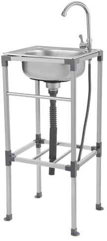 Lavello autoportante con mobiletto da campeggio, 1 vasca, in acciaio inox, con rubinetto a 360°, per ristorante, lavanderia, garage