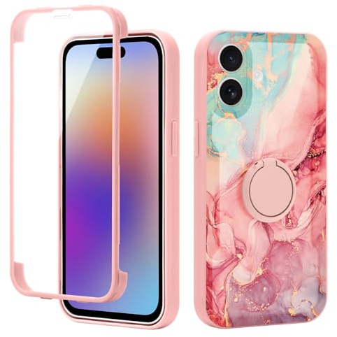 Yoedge Kickstand Phone Case for iPhone 17 6.3,360°Rotatable Magnetic Ring Holder Cases,Full Body Shockproof Silicone Back Cover with Built-in Screen Protector,Pink Marble Pattern for iPhone 17