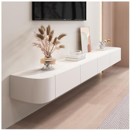 Moderno mobile da parete per TV con contenitore, elegante mobiletto per console multimediale per soggiorno e camera da letto, gestione dei cavi inclusa, finitura bianca (140 x 24 x 20 cm)