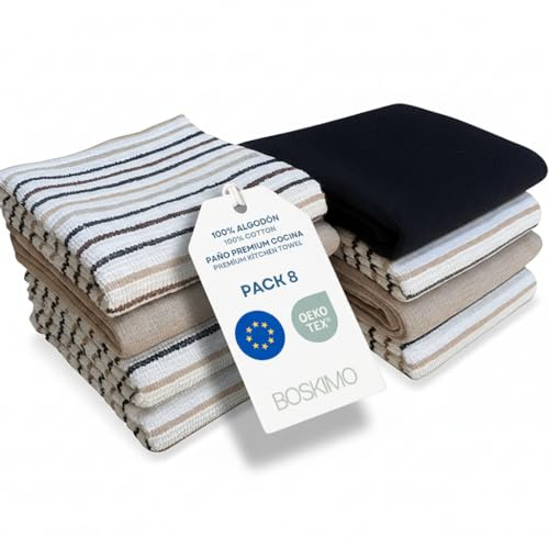 BOSKIMO Paños de Cocina de Algodón con Rizo – Pack de 8 Trapos Cocina Premium Absorbentes y Reutilizables 45x65 cm Aura Beige