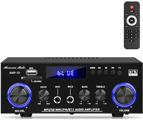 Henakmsl Amplificatore HiFi, 400 W, mini amplificatore HiFi stereo, 12 V/220 V, 2 canali, mini Bluetooth stereo audio ricevitore, MIC in con echo, telecomando per altoparlanti passivi