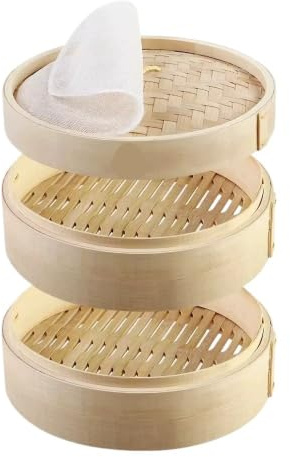 Cesta Vaporera De Bambú De 3 Niveles Con Tapa Rollos De Bambú