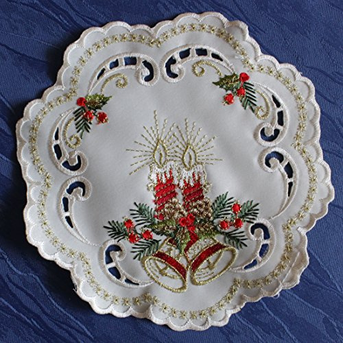 Anka Textil Weihnachts-Tischdecke Tischläufer Mitteldecke Tisch-Deckchen mit Weihnachtskerzen Motiven Stickerei Weihnachtsdeko Creme-Rot Größenwahl (20cm Rund)