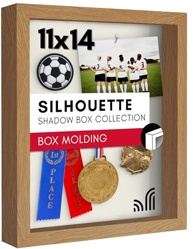 Americanflat Schattenbox-Rahmen mit bruchfestem Glas, Silhouetten-Kollektion, große Schattenbox-Vitrine für Tischplatte und Wand, dunkle Eiche mit weicher Leinen-Rückseite, 28 x 35 cm