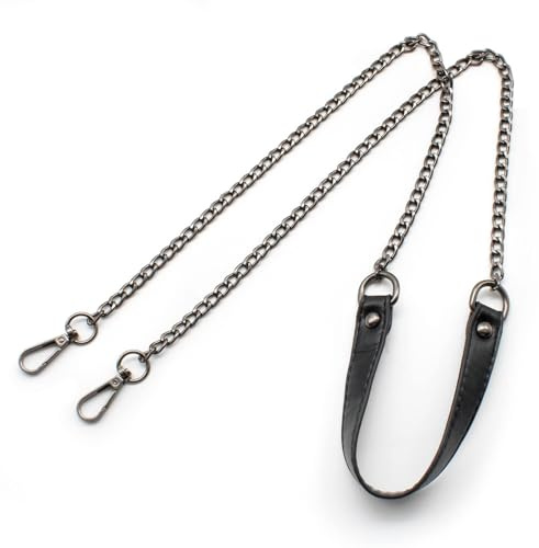 TIANLIN Taschenhenkel mit Taschenkette & Schulterriemen für Taschen - 120cm Gesamtlänge (Stahlgraue Metallkette + Schwarzes PU-Lederband), Kunstleder-Henkel mit Hakenverschluss