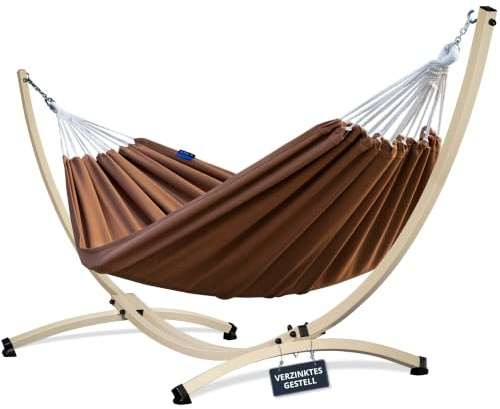 Potenza Hamaca con Soporte Incluido en Jardin, El galvanizado Soporte de Tela Multicolor, para 2 Personas Doble I Grande Soporte Capacidad de 220 Kg I Hamaca 220x160 cm (Caramelo, Soporte Crudo)