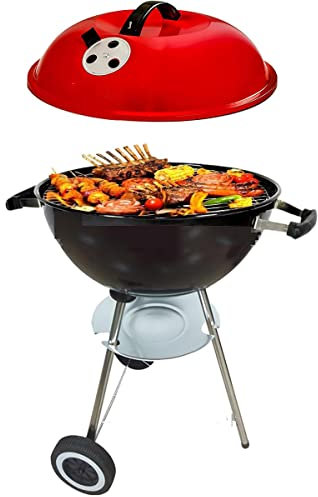 LJBOZ Barbecue a Carbonella con Carrello a Sfera, BBQ Carbonella Tondo con Coperchio, 2 Ruote, Diametro: 17 (45 Cm), Griglia di Cottura: Acciaio Cromato, per Campeggio, Giardino Barbecue