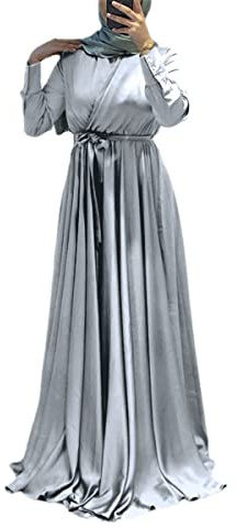 Kelsiop Muslimisches Modekleid für Damen, langärmelig, lässig, muslimisch, mit Gürtel, Party-Robe Abaya Kaftan, lockeres Club-Kleid, grau, XXXXL