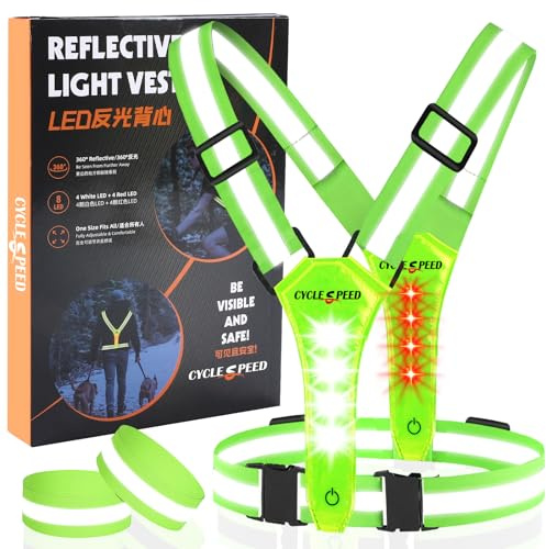 CYCLESPEED LED Running Vest with Red Back Light, High Visibility Running Lights for Runners, Elastic Adjustable Night Walking Light Up Vest, USB Rechargeable Running Gear for Jogging Walking (Green)