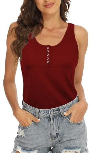 Rayson Femme Débardeurs été Haut sans Manches Décontracté Chic Chemises Boutonné en Coton Col en V Confortable Respirant Tank Top(Bordeaux,L)